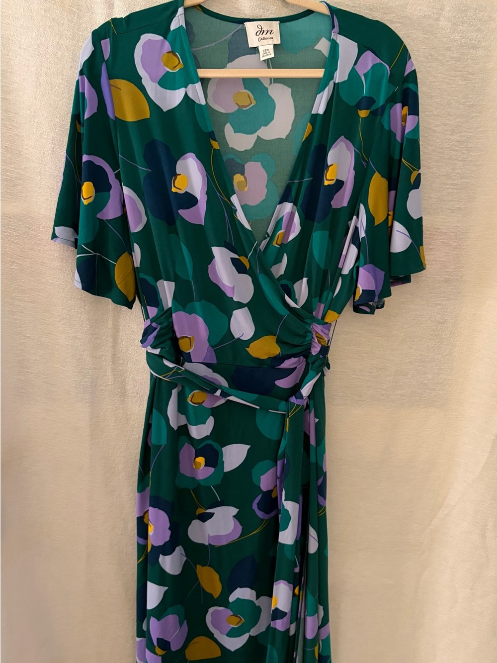JM Collection Teal Floral Wrap Midi Dress with Purple and Yellow Blooms
